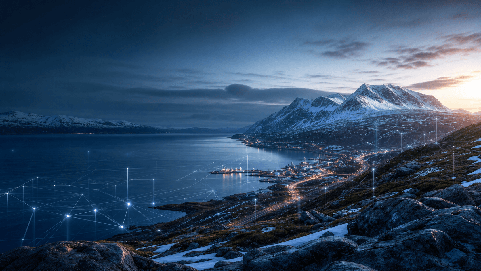 Arktisk fjordlandskap med subtile digitale nettverk